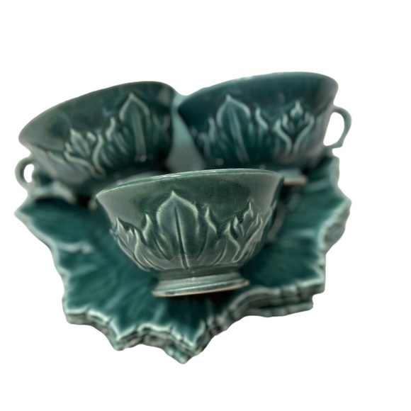 6 Vintage Woodfield by Steubenville Snack Sets Leaf Plates Cups 3 Gray 3 Green - Picture 6 of 10